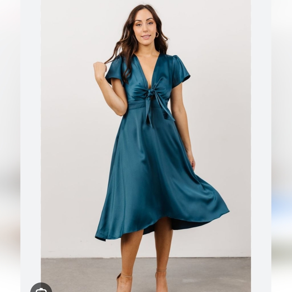 Baltic Born Womens Poppy Satin Midi Dress Mirnight Blue Size S Wedding Guest.